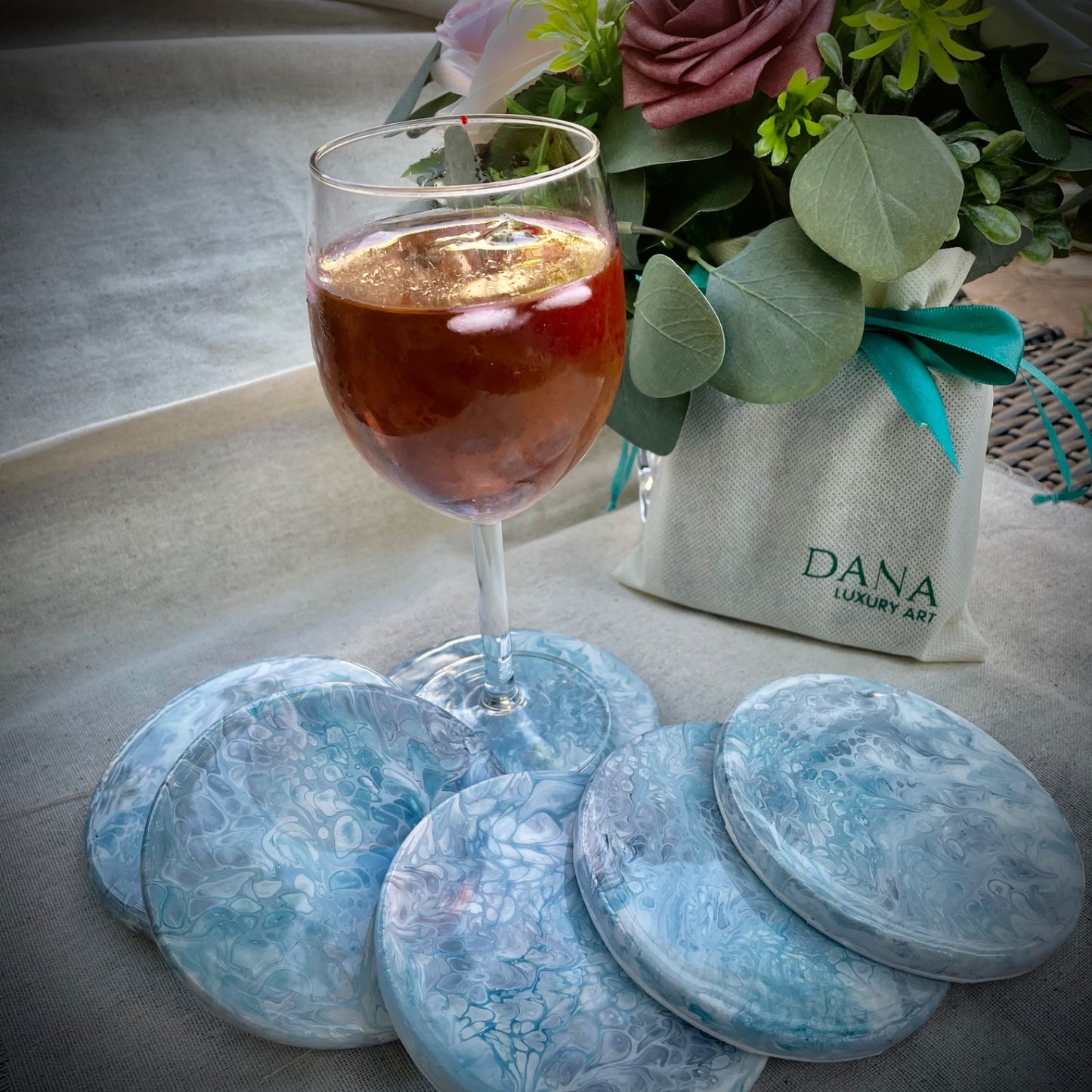 Round Fluid Art Coasters - Light Blue