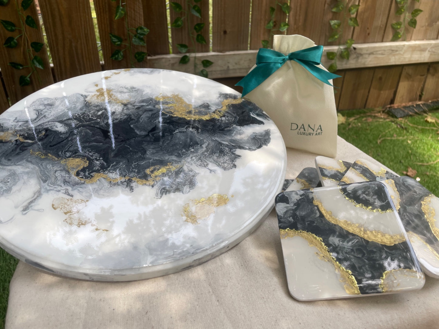 Bundle Lazy Susan and Fluid Art Coasters - Dark Gray