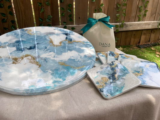 Bundle Lazy Susan and Fluid Art Coasters - Light Blue