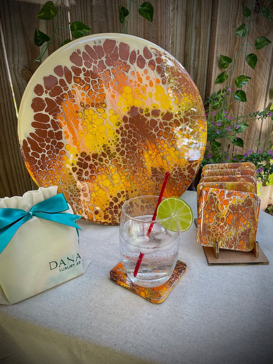 Bundle: Lazy Susan and Fluid Art Coasters - Orange