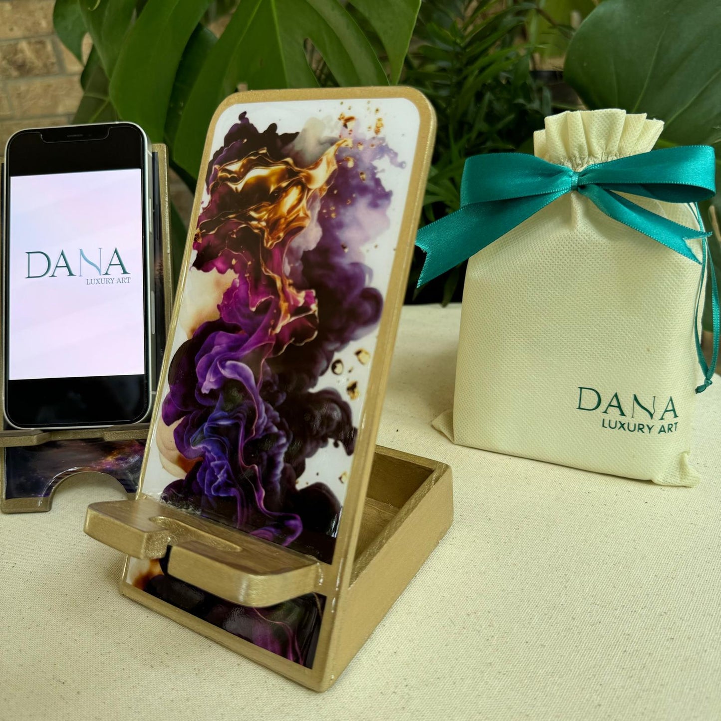 Epoxy Resin Phone Holder with Storage Box - Purple Smoke Design