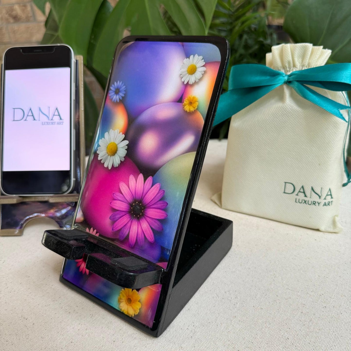 Epoxy Resin Phone Holder with Storage Box - Flowers Design