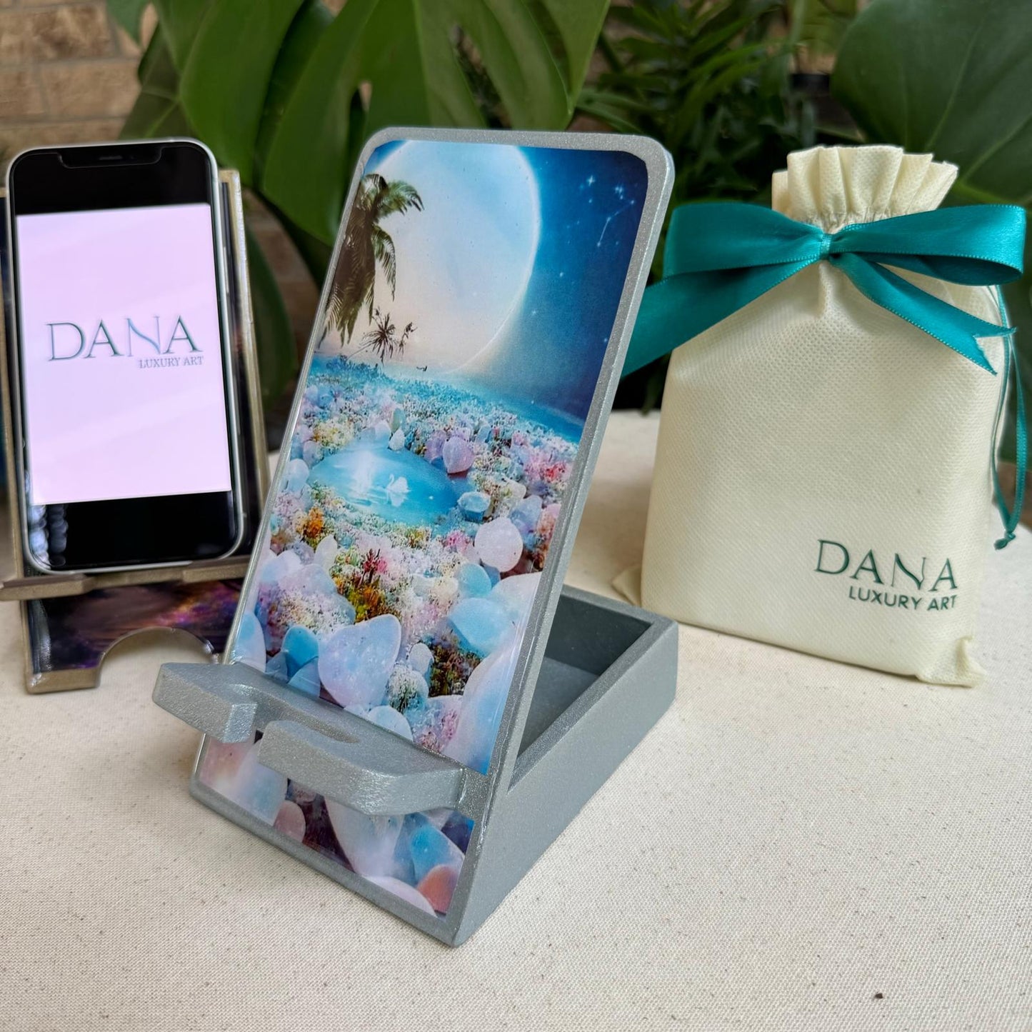 Epoxy Resin Phone Holder with Storage Box - beautiful stones